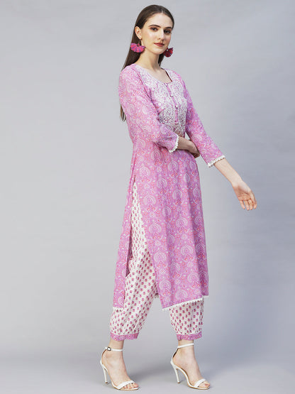 Floral Printed & Chikankari Embroidered Straight Kurta with Pants - Purple