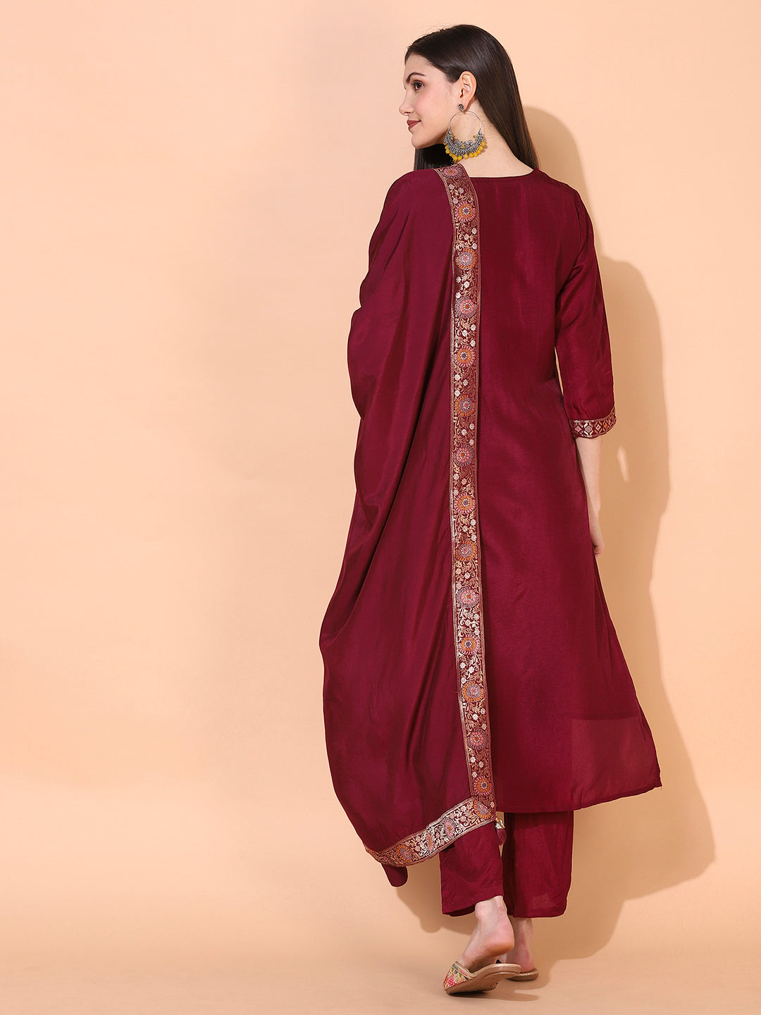 Ethnic Woven Straight Kurta with Pants & Dupatta - Wine