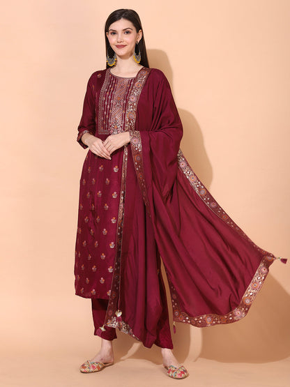 Ethnic Woven Straight Kurta with Pants & Dupatta - Wine