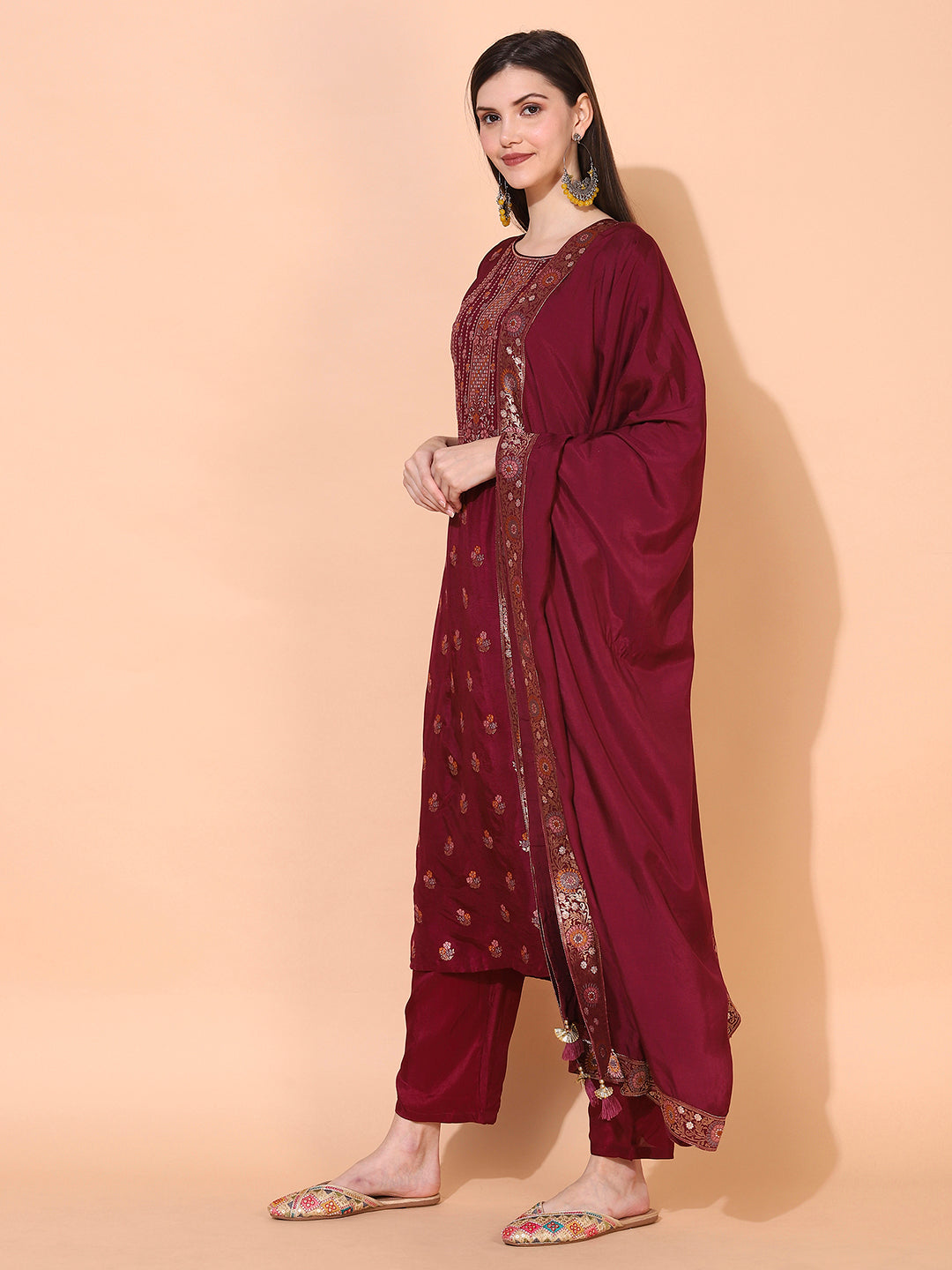 Ethnic Woven Straight Kurta with Pants & Dupatta - Wine