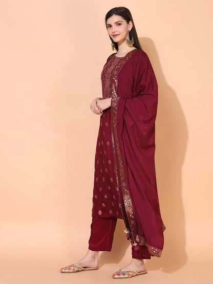 Ethnic Woven Straight Kurta with Pants & Dupatta - Wine