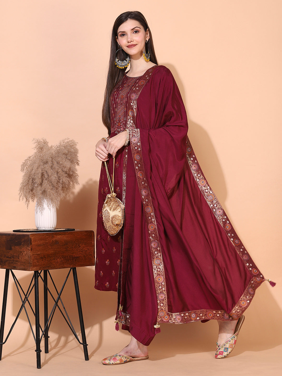 Ethnic Woven Straight Kurta with Pants & Dupatta - Wine