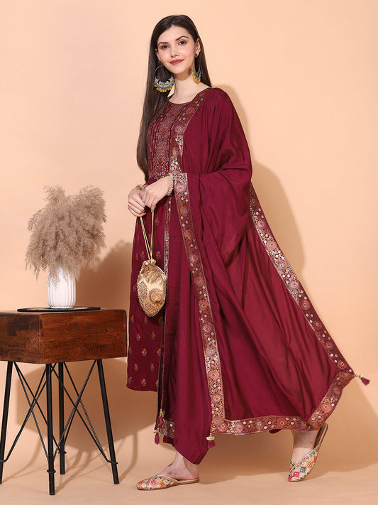 Ethnic Woven Straight Kurta with Pants & Dupatta - Wine
