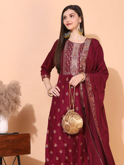 Ethnic Woven Straight Kurta with Pants & Dupatta - Wine