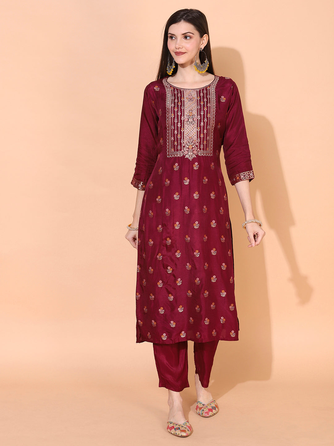 Ethnic Woven Straight Kurta with Pants & Dupatta - Wine