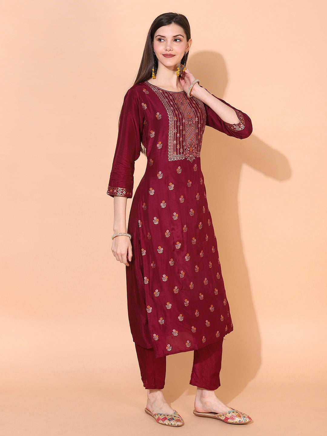 Ethnic Woven Straight Kurta with Pants & Dupatta - Wine