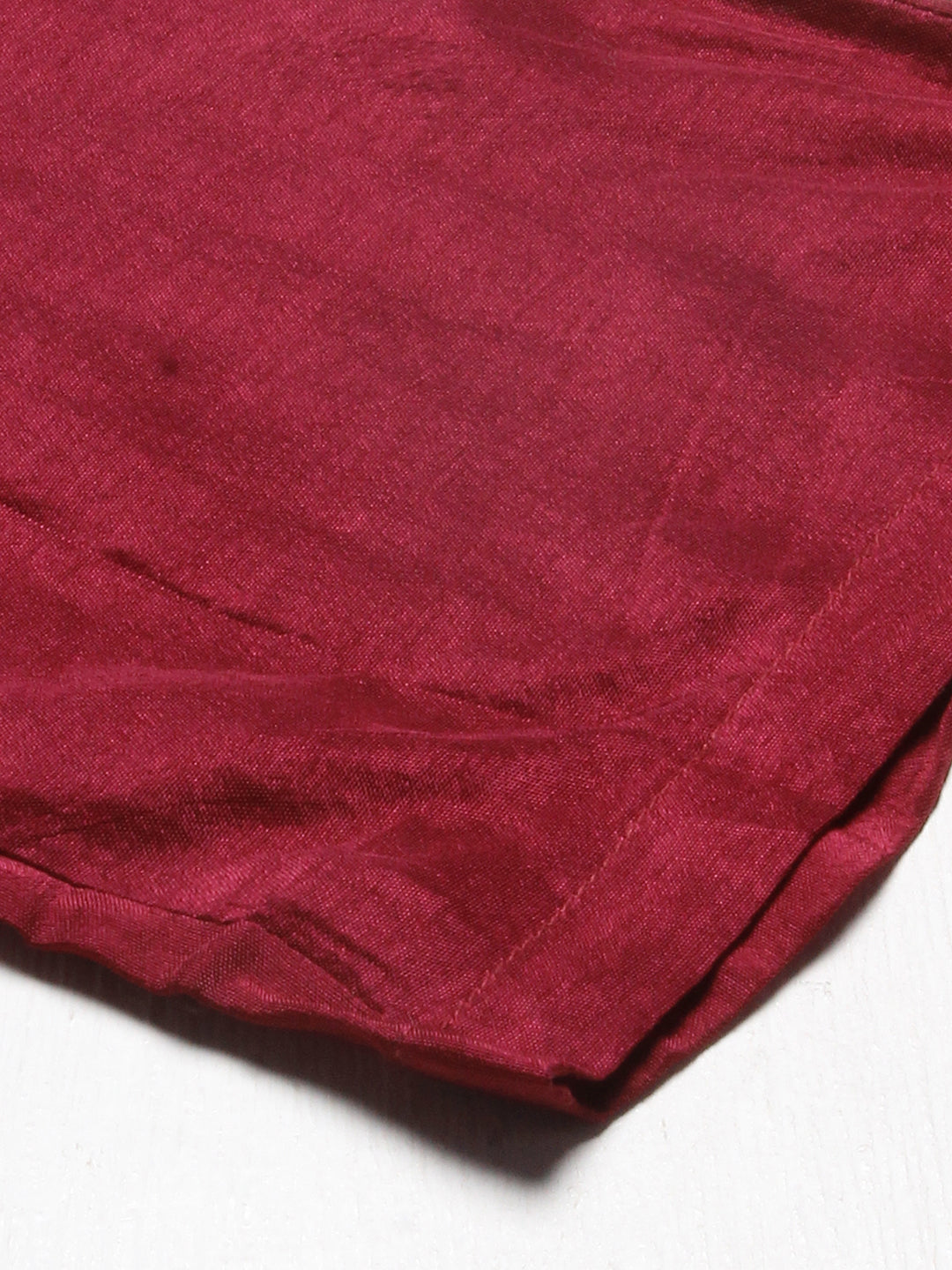 Ethnic Woven Straight Kurta with Pants & Dupatta - Wine