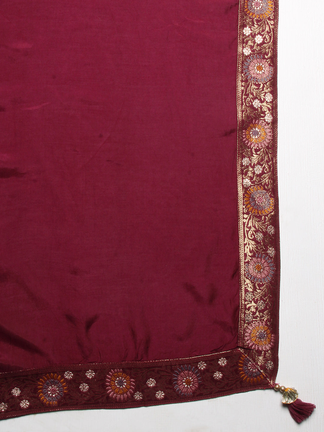 Ethnic Woven Straight Kurta with Pants & Dupatta - Wine