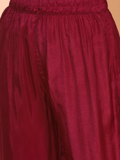 Ethnic Woven Straight Kurta with Pants & Dupatta - Wine