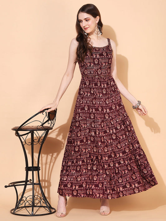 Ethnic Printed & Embroidered Tiered Flared Maxi Dress - Wine