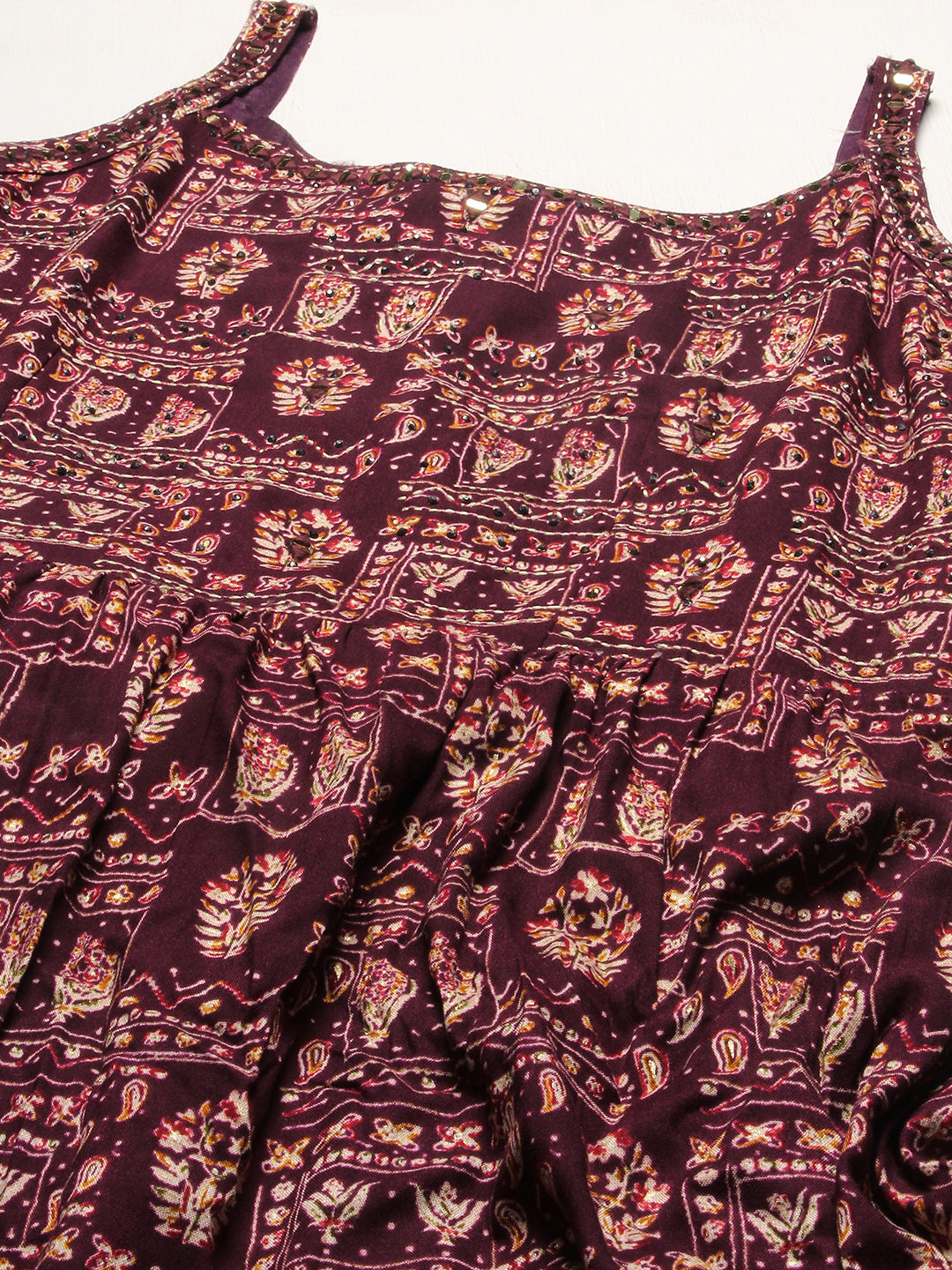 Ethnic Printed & Embroidered Tiered Flared Maxi Dress - Wine