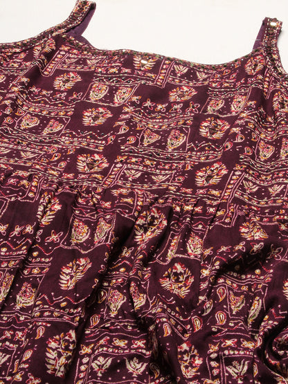 Ethnic Printed & Embroidered Tiered Flared Maxi Dress - Wine