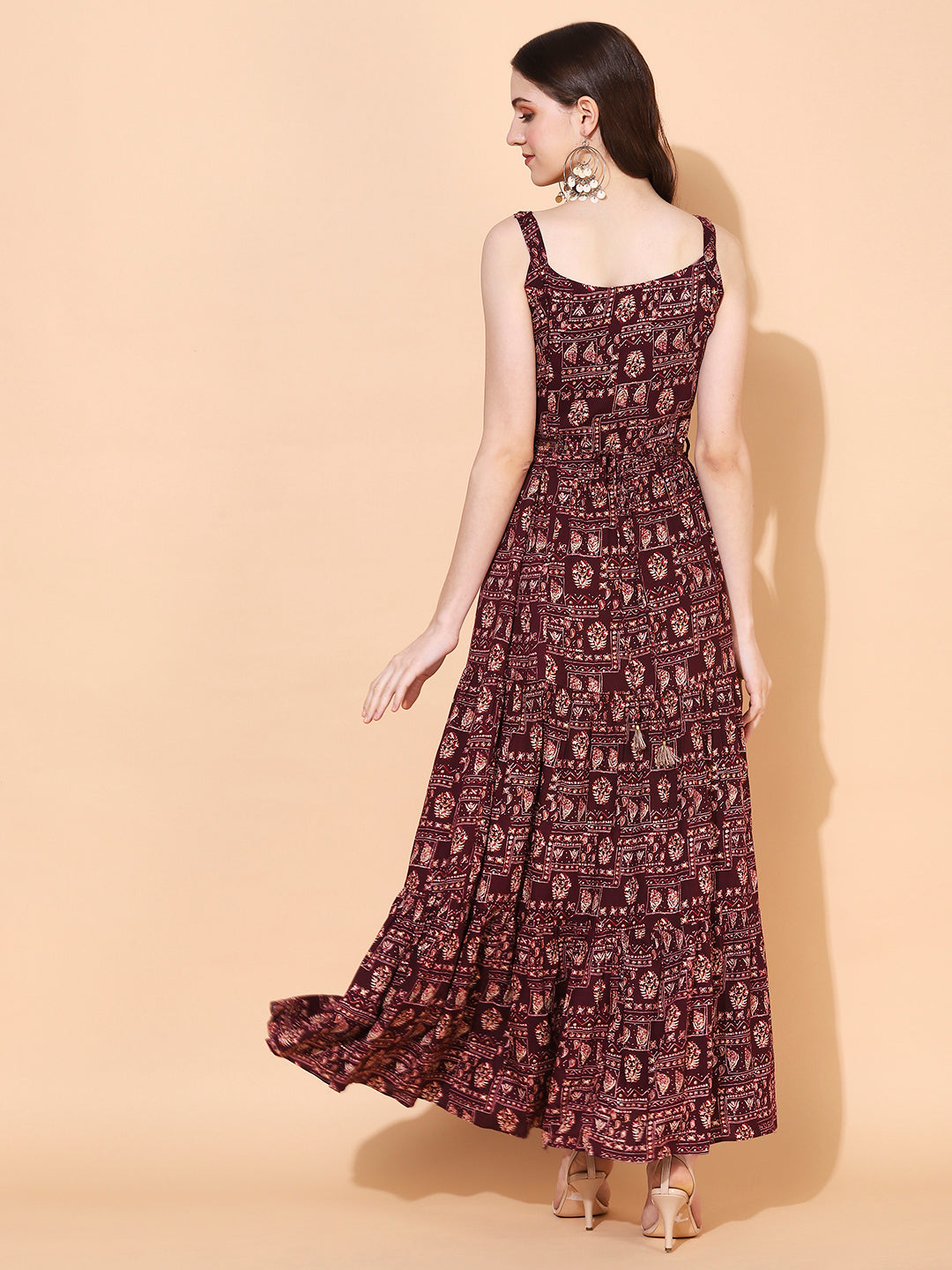 Ethnic Printed & Embroidered Tiered Flared Maxi Dress - Wine