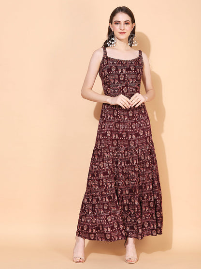 Ethnic Printed & Embroidered Tiered Flared Maxi Dress - Wine
