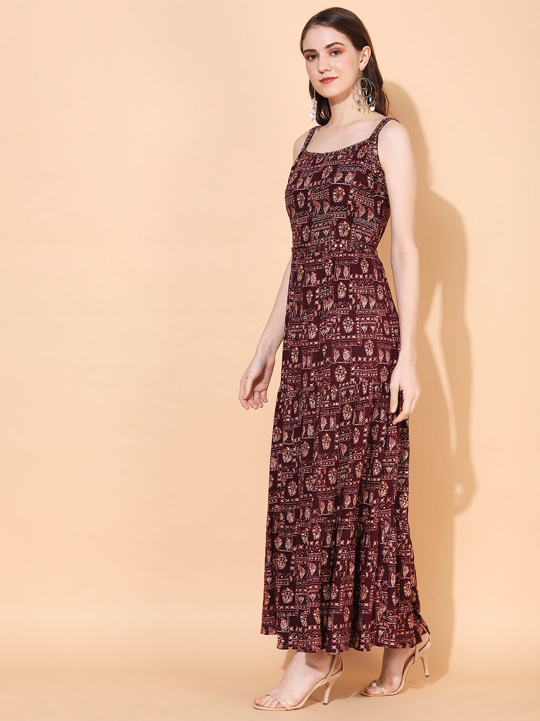 Ethnic Printed & Embroidered Tiered Flared Maxi Dress - Wine