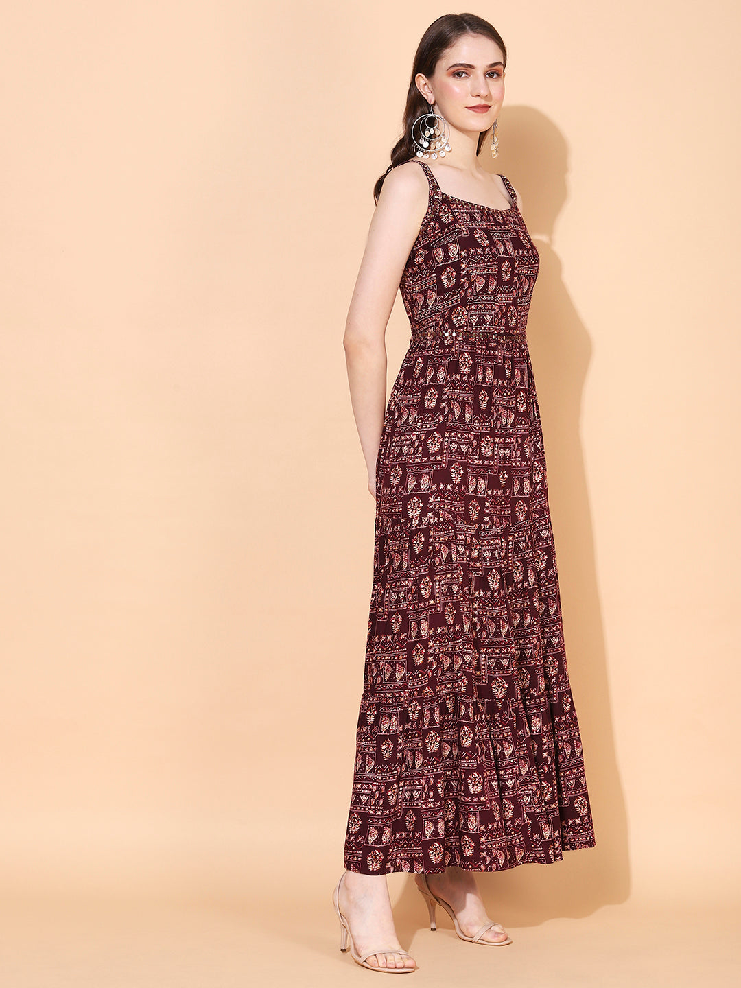 Ethnic Printed & Embroidered Tiered Flared Maxi Dress - Wine