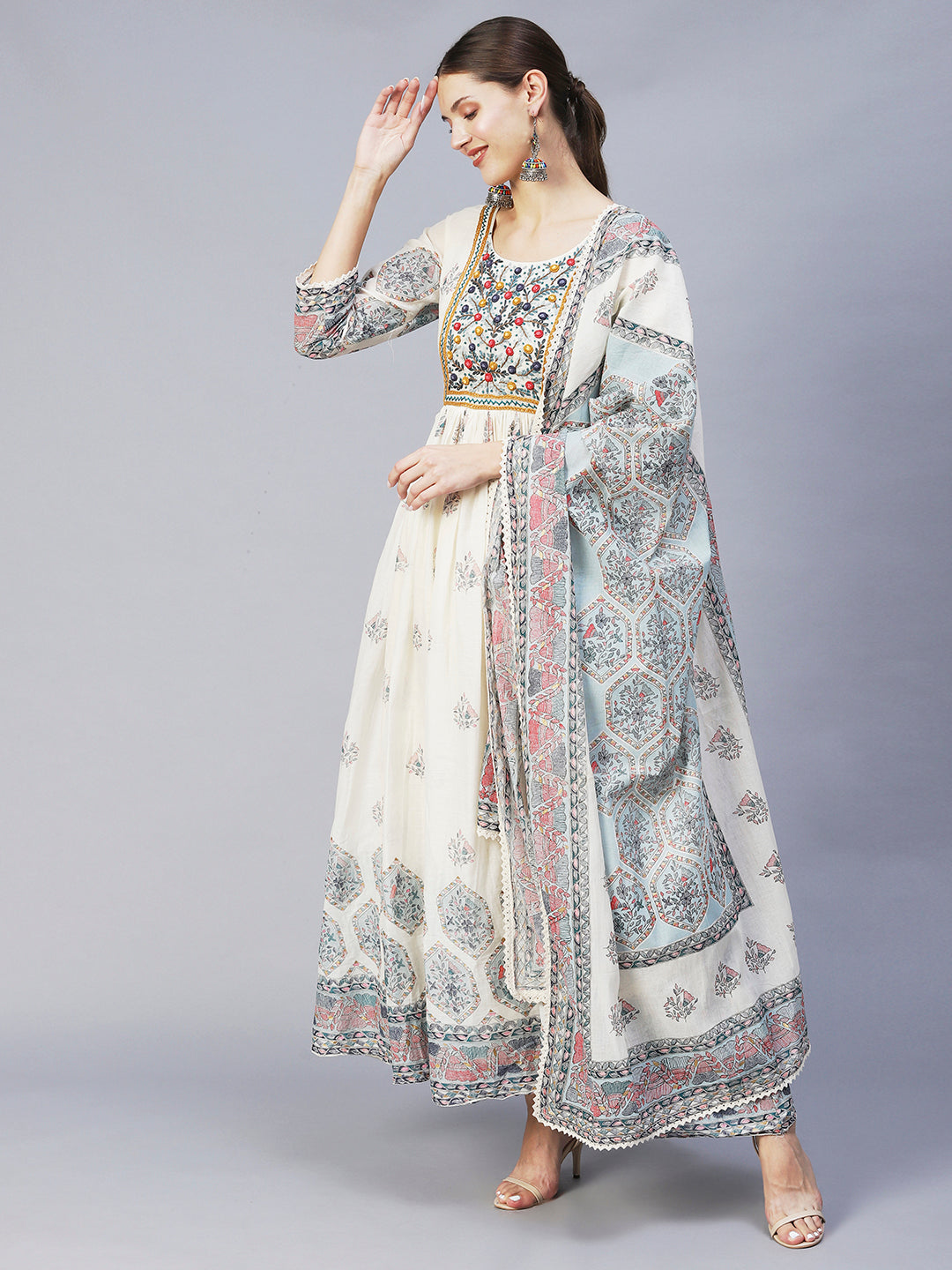 Ethnic Printed & Hand Embroidered Flared Maxi Dress With Dupatta - Off White