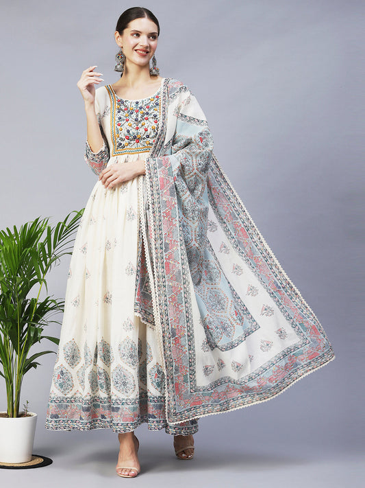 Ethnic Printed & Hand Embroidered Flared Maxi Dress With Dupatta - Off White