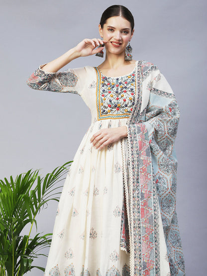 Ethnic Printed & Hand Embroidered Flared Maxi Dress With Dupatta - Off White