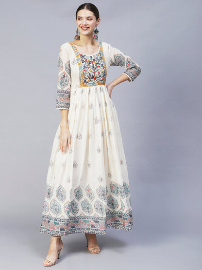 Ethnic Printed & Hand Embroidered Flared Maxi Dress With Dupatta - Off White