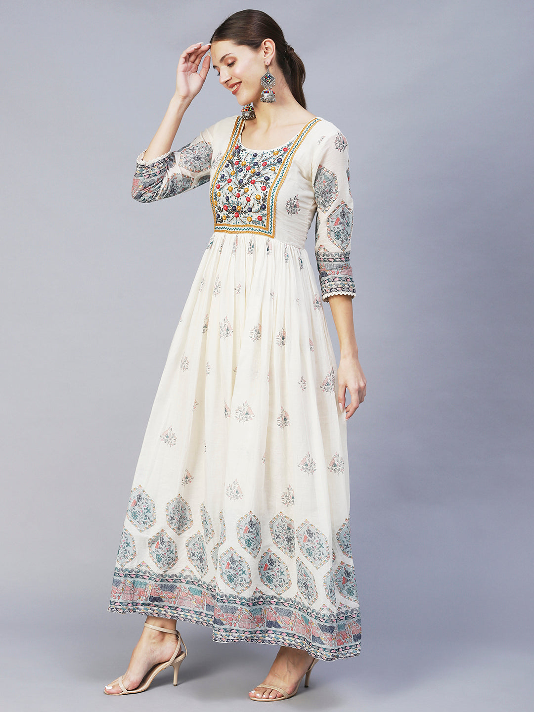 Ethnic Printed & Hand Embroidered Flared Maxi Dress With Dupatta - Off White