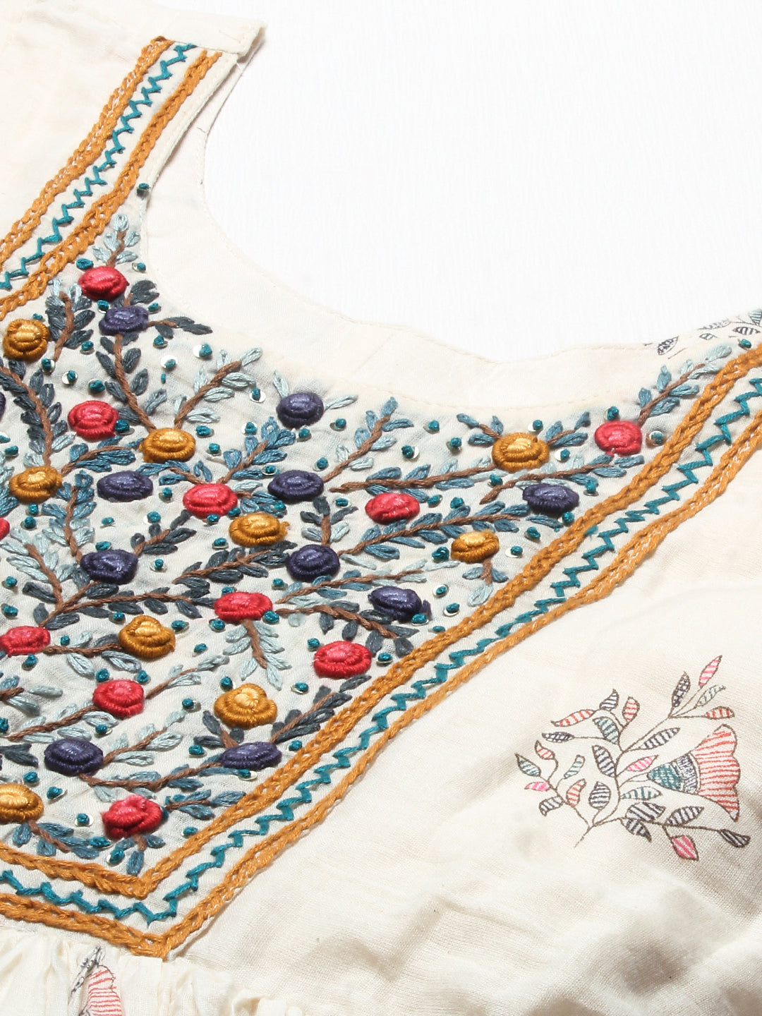 Ethnic Printed & Hand Embroidered Flared Maxi Dress With Dupatta - Off White
