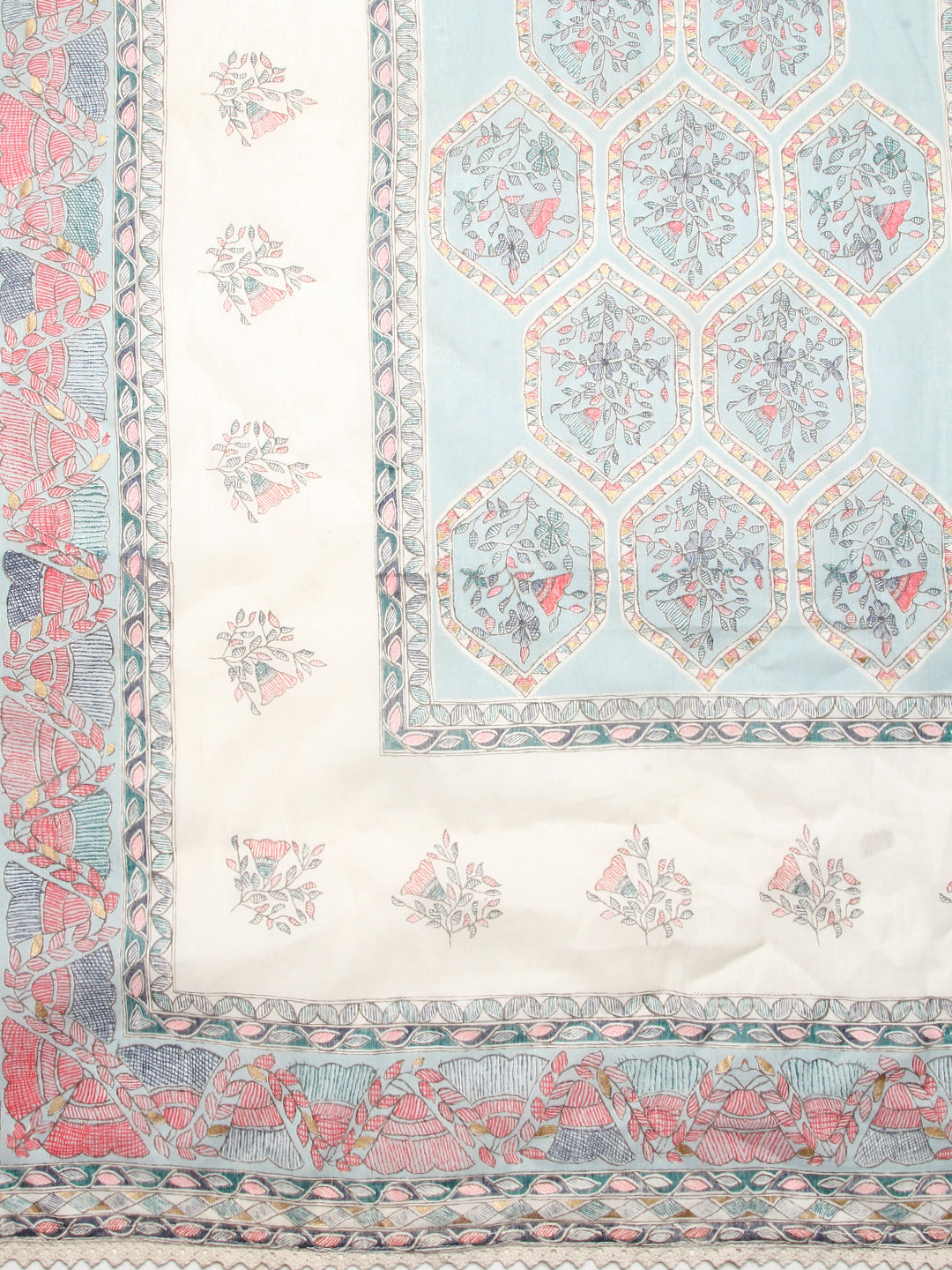Ethnic Printed & Hand Embroidered Flared Maxi Dress With Dupatta - Off White
