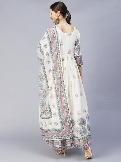 Ethnic Printed & Hand Embroidered Flared Maxi Dress With Dupatta - Off White