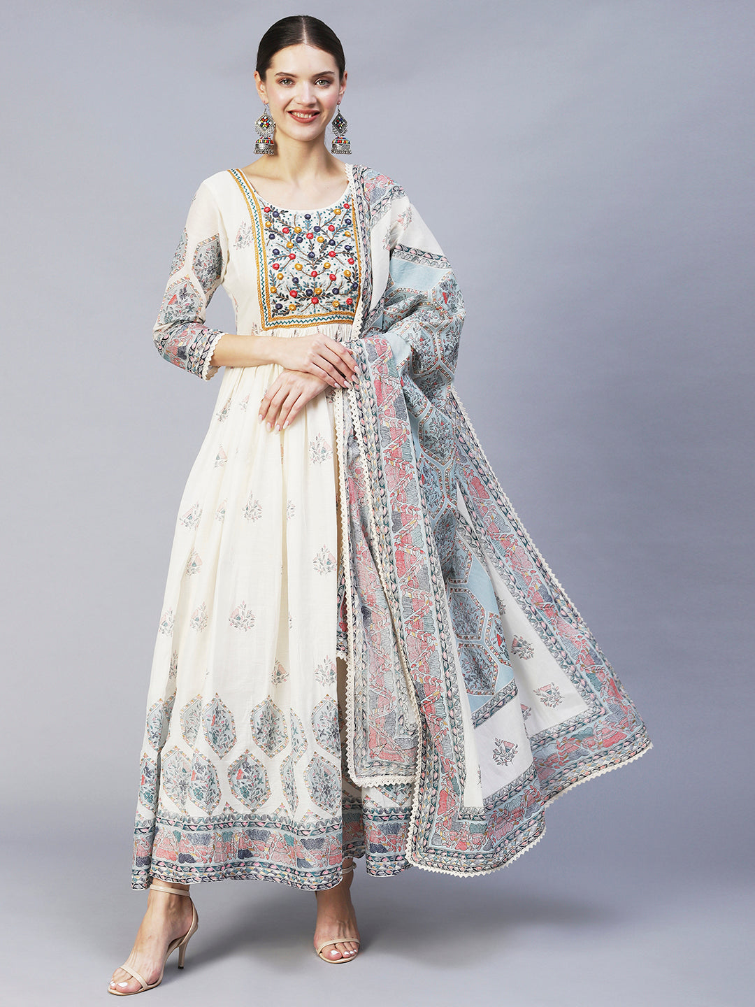 Ethnic Printed & Hand Embroidered Flared Maxi Dress With Dupatta - Off White