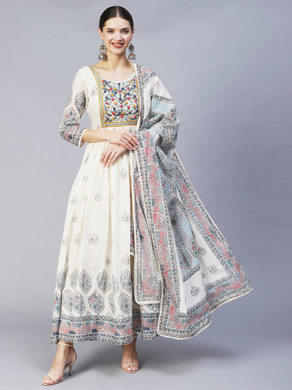 Ethnic Printed & Hand Embroidered Flared Maxi Dress With Dupatta - Off White