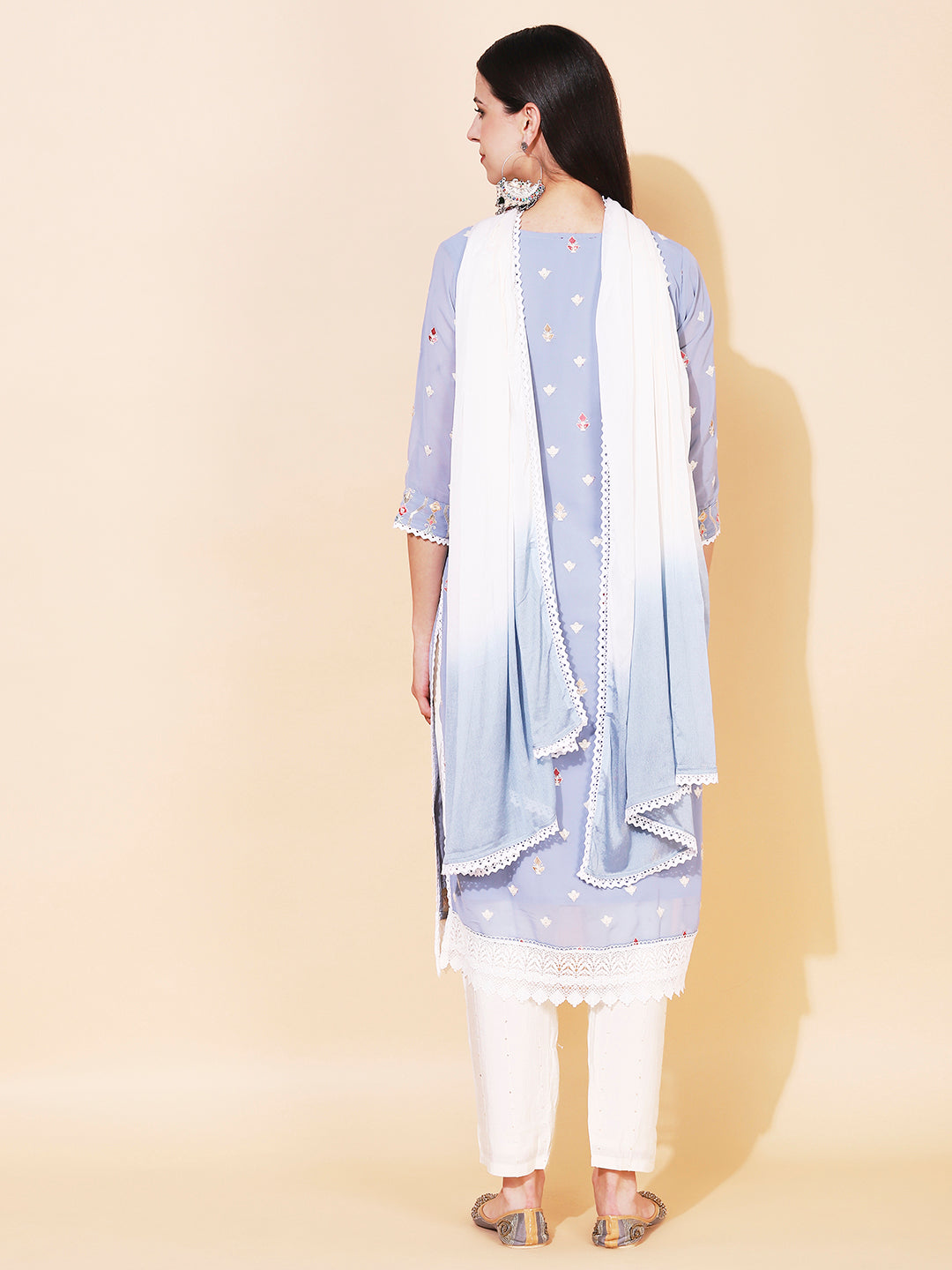 Ethnic Embroidered Straight Kurta with Pant & Dupatta - Powder Blue