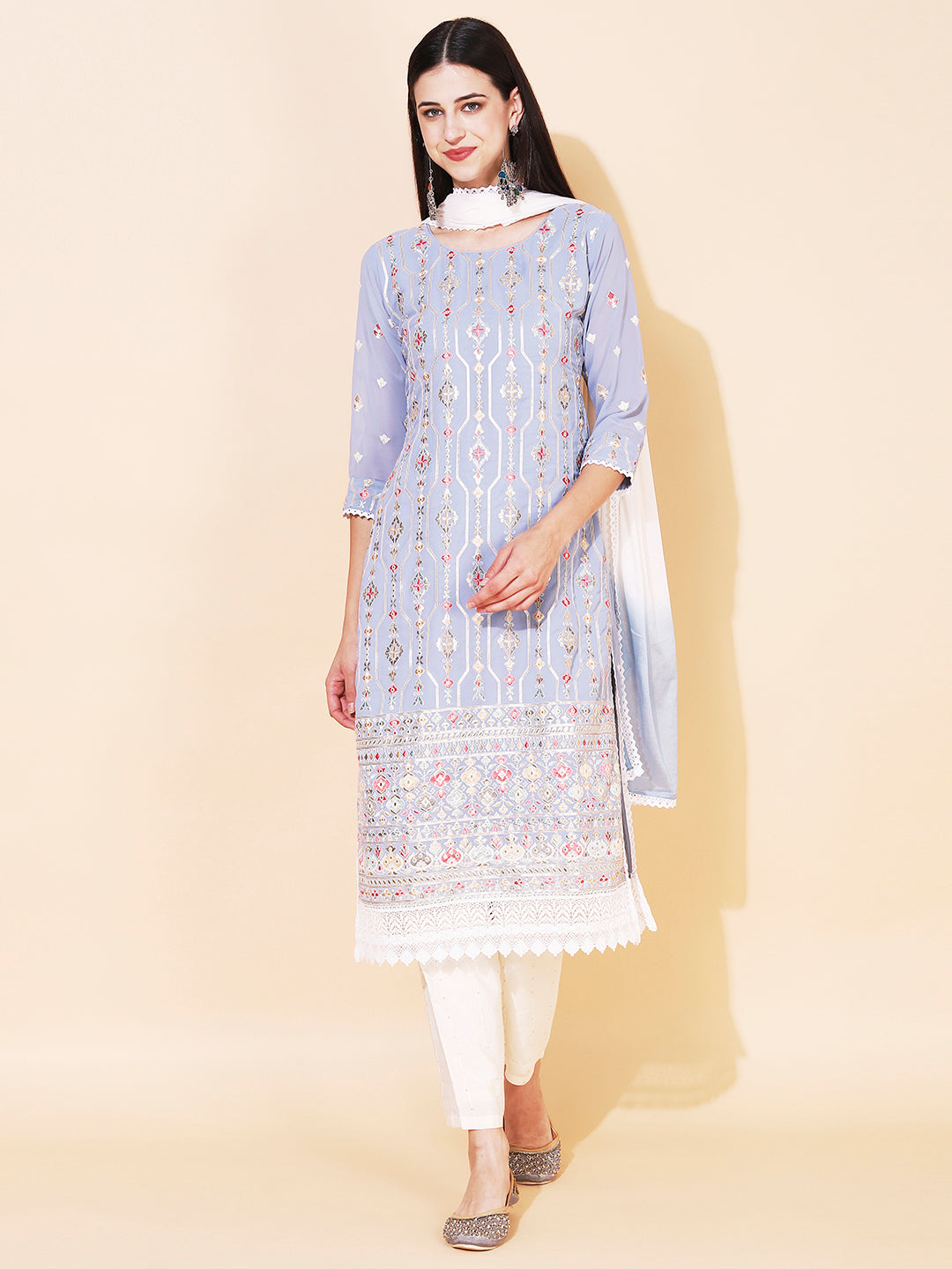 Ethnic Embroidered Straight Kurta with Pant & Dupatta - Powder Blue