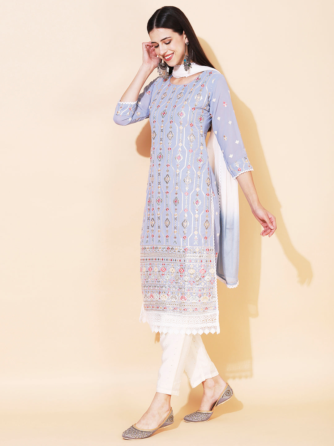 Ethnic Embroidered Straight Kurta with Pant & Dupatta - Powder Blue