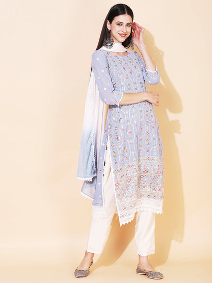 Ethnic Embroidered Straight Kurta with Pant & Dupatta - Powder Blue