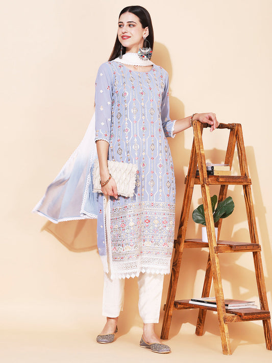 Ethnic Embroidered Straight Kurta with Pant & Dupatta - Powder Blue