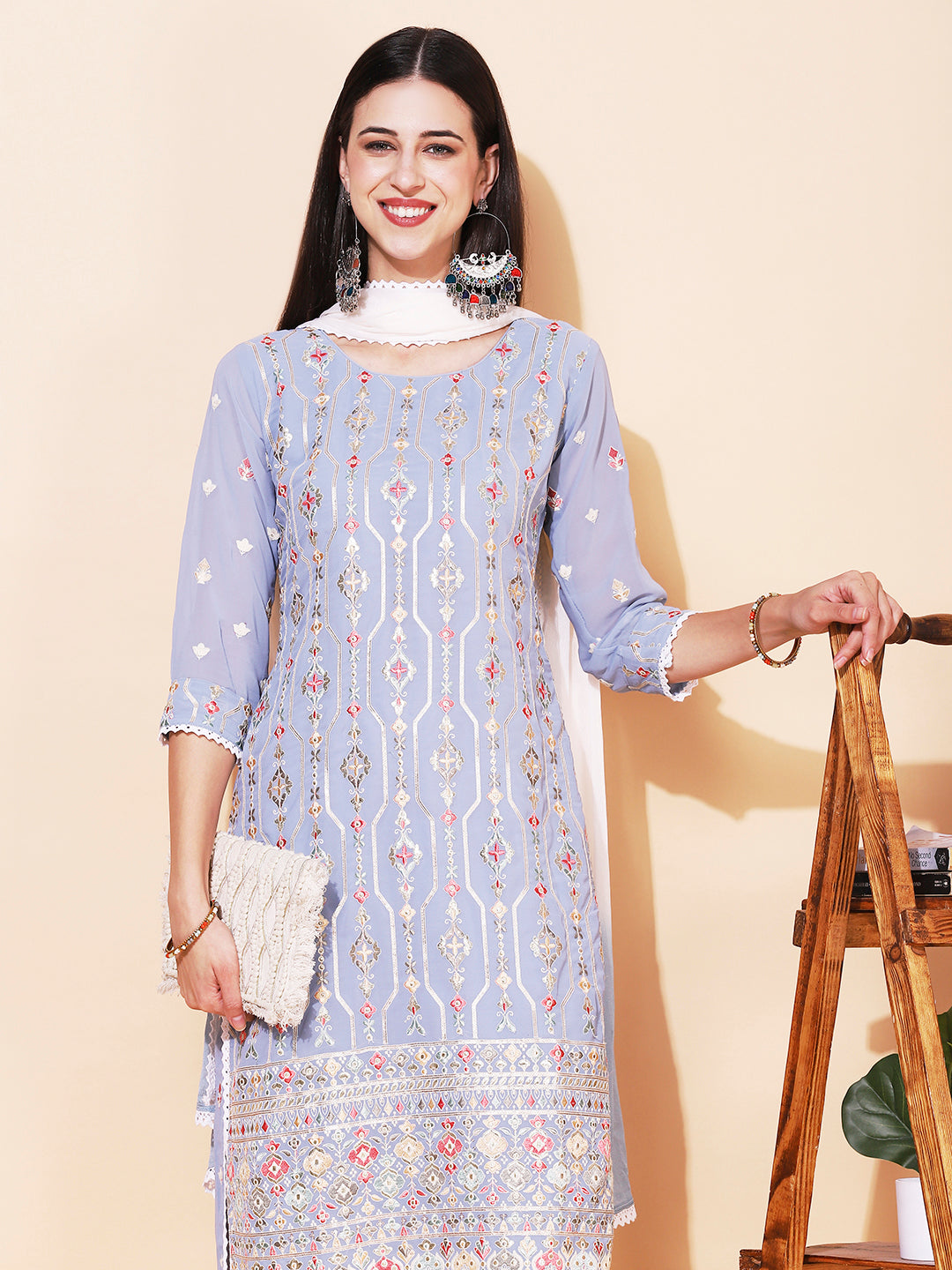 Ethnic Embroidered Straight Kurta with Pant & Dupatta - Powder Blue