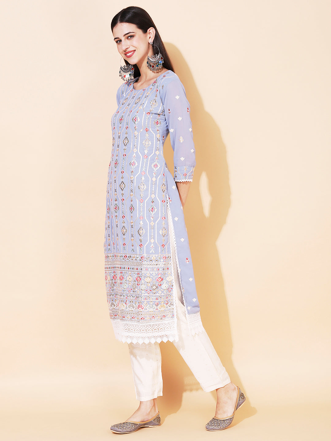 Ethnic Embroidered Straight Kurta with Pant & Dupatta - Powder Blue