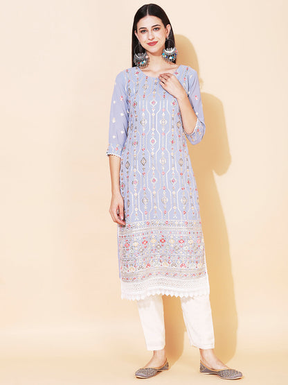Ethnic Embroidered Straight Kurta with Pant & Dupatta - Powder Blue