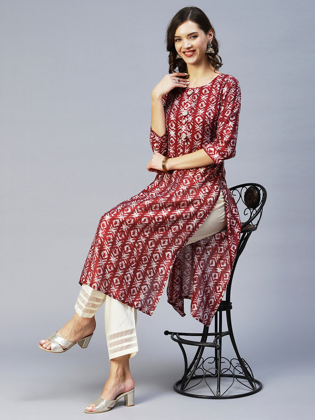 Batik Printed & Embroidered Straight Fit Kurta - Maroon