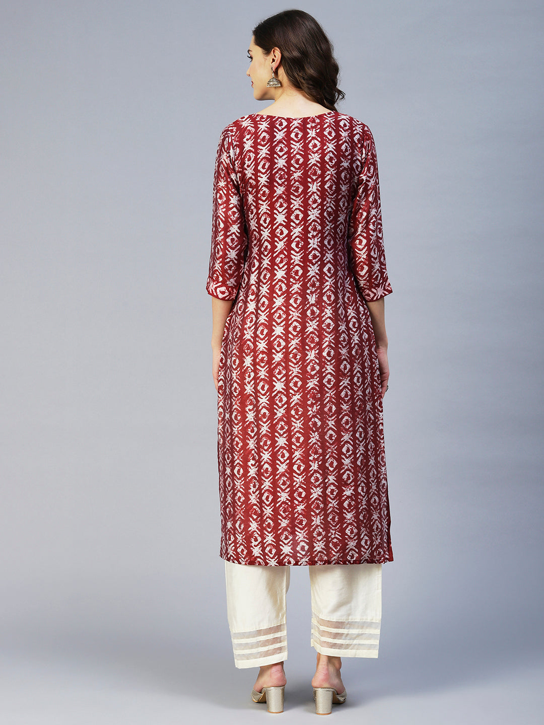 Batik Printed & Embroidered Straight Fit Kurta - Maroon
