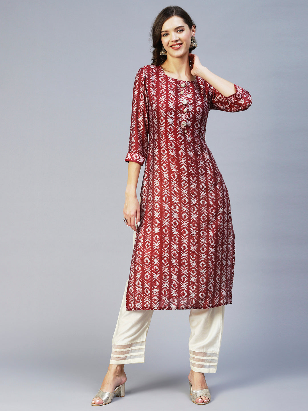 Batik Printed & Embroidered Straight Fit Kurta - Maroon