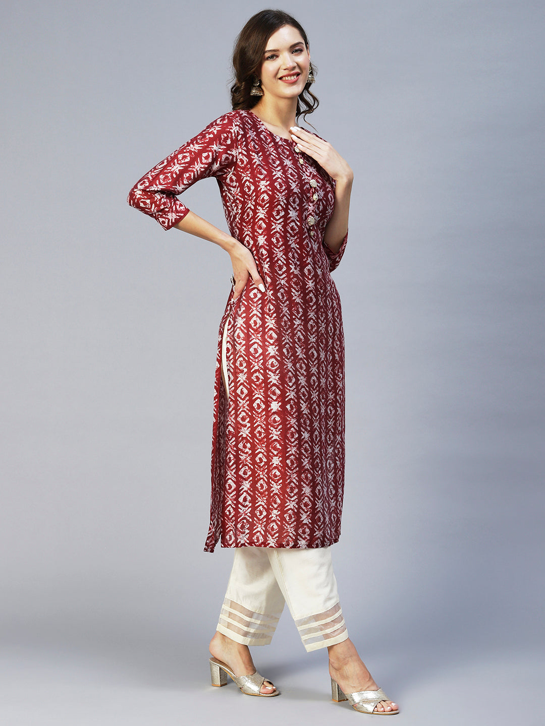 Batik Printed & Embroidered Straight Fit Kurta - Maroon