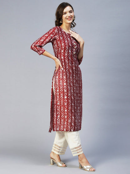 Batik Printed & Embroidered Straight Fit Kurta - Maroon