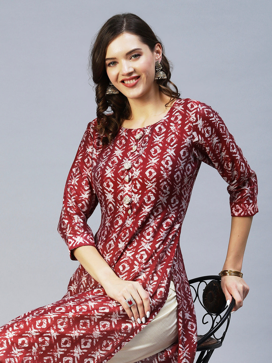 Batik Printed & Embroidered Straight Fit Kurta - Maroon
