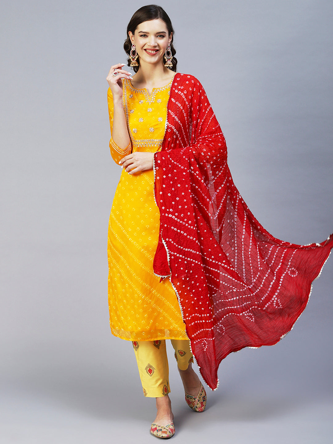 Bandhani Printed & Embroidered Straight Kurta with Pant & Dupatta - Yellow