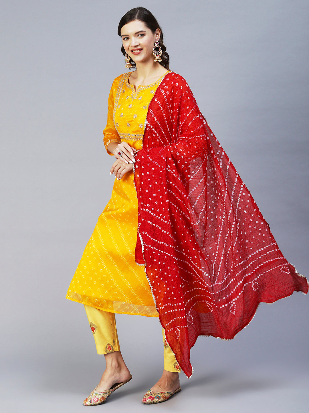 Bandhani Printed & Embroidered Straight Kurta with Pant & Dupatta - Yellow