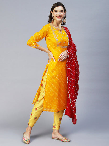 Bandhani Printed & Embroidered Straight Kurta with Pant & Dupatta - Yellow