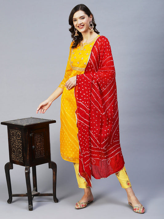 Bandhani Printed & Embroidered Straight Kurta with Pant & Dupatta - Yellow