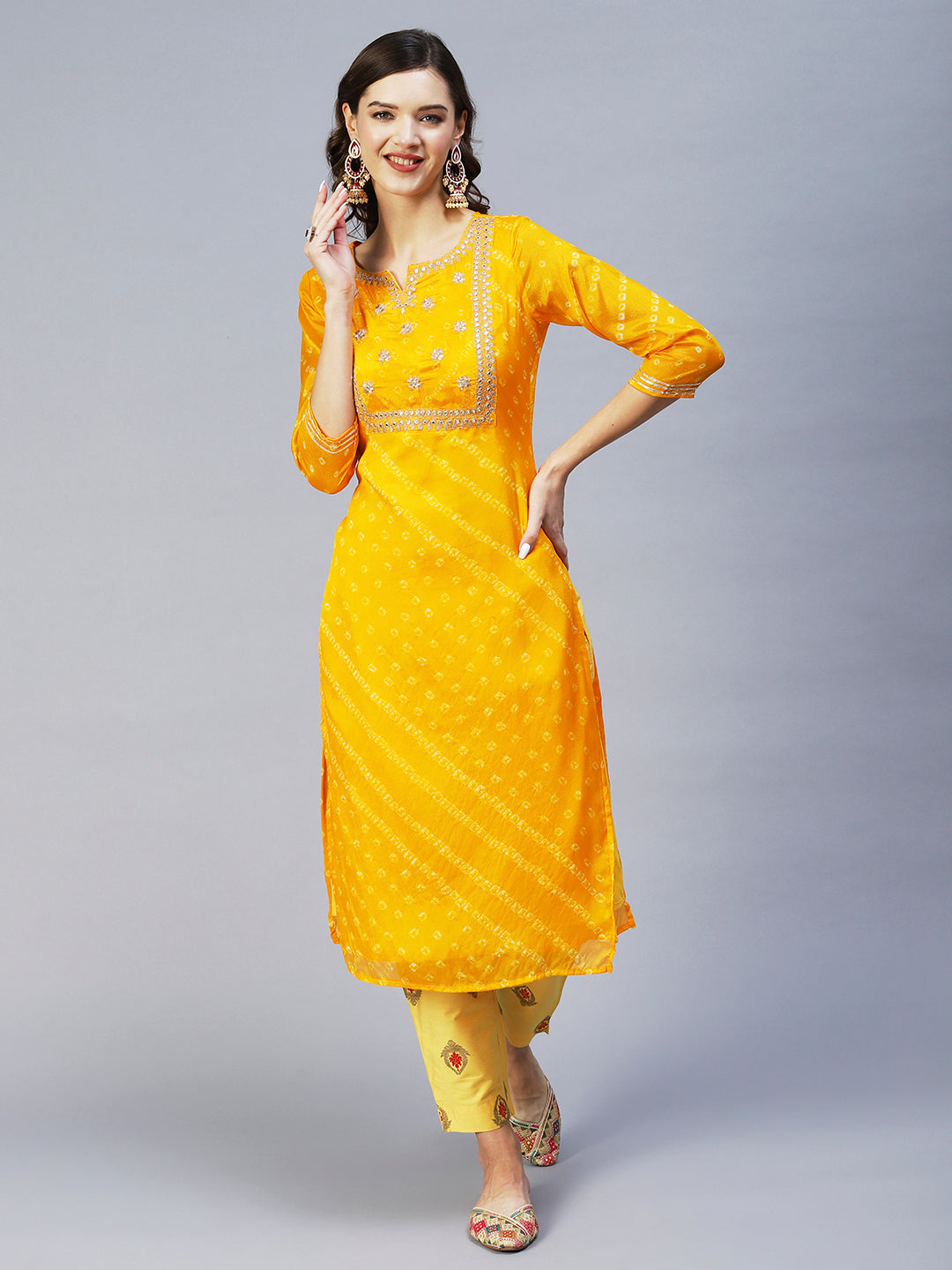 Bandhani Printed & Embroidered Straight Kurta with Pant & Dupatta - Yellow