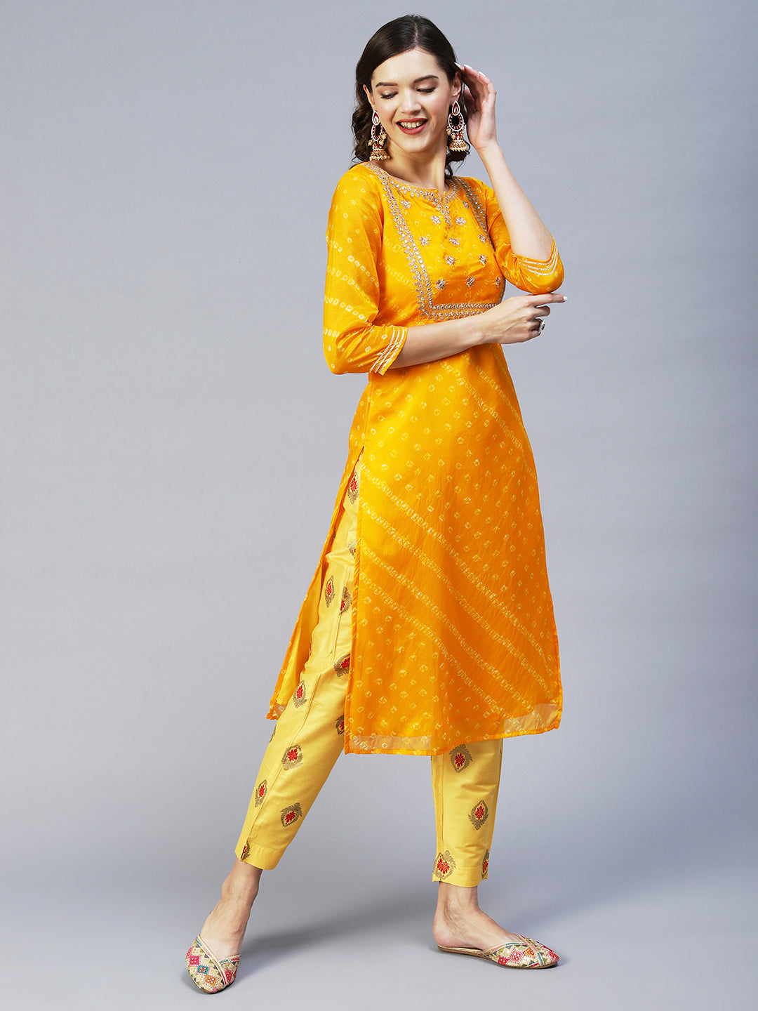 Bandhani Printed & Embroidered Straight Kurta with Pant & Dupatta - Yellow